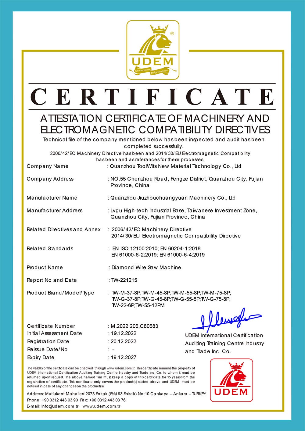 CE Certificate for Diamond Wire Saw Machine CE Certificate for Diamond Wire Saw Machine